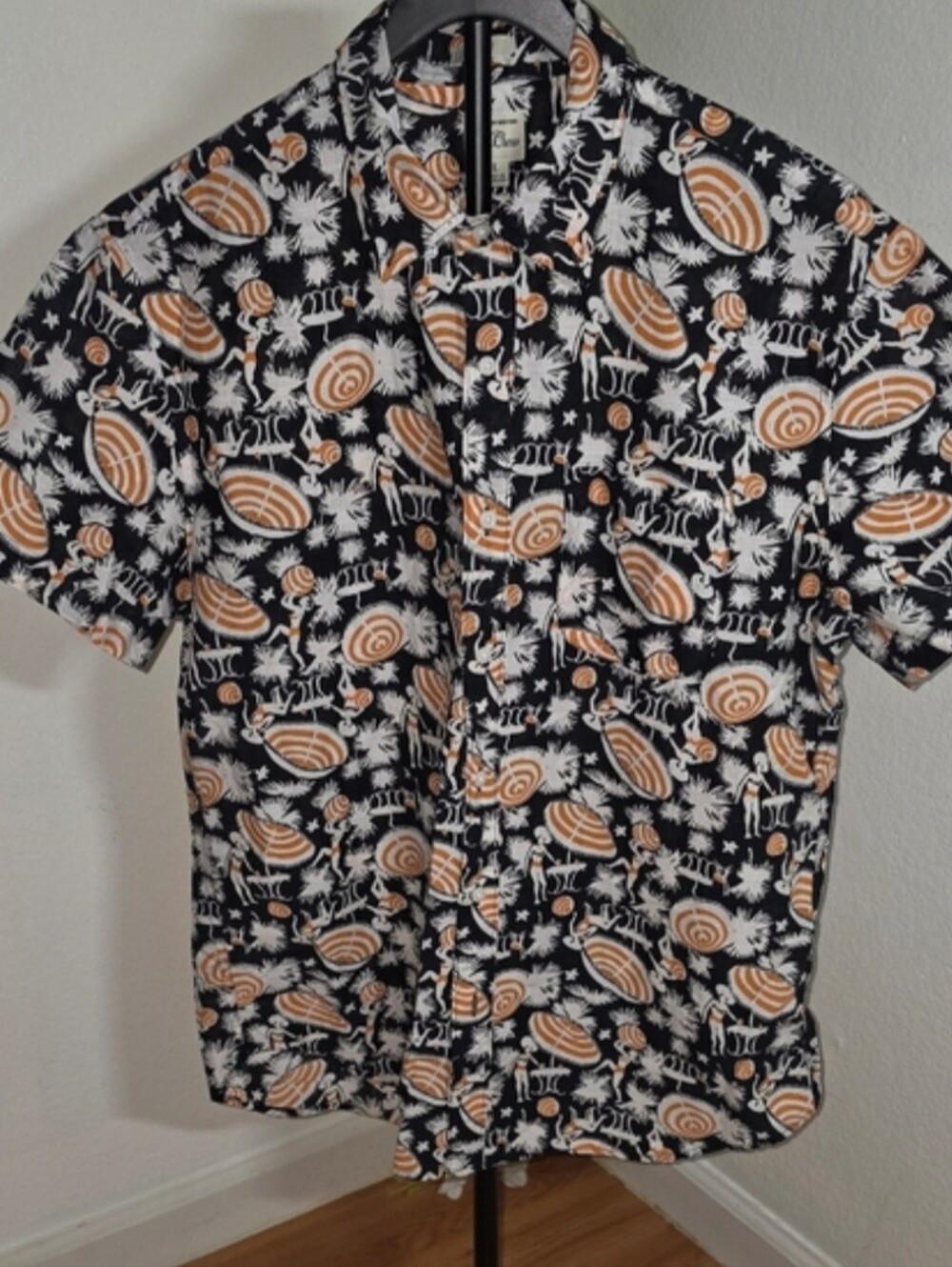J. Crew Black Short-Sleeve Button-Down with Tan & White Tropical Print